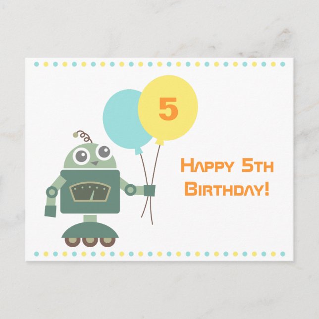 Postal Robot Adorable con Globos, Cumpleaños Feliz Niños (Anverso)