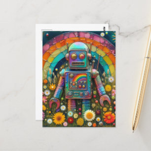 Postal Robot arco iris en una pradera de flores