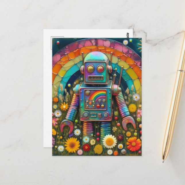 Postal Robot arco iris en una pradera de flores (Anverso/Reverso In Situ)