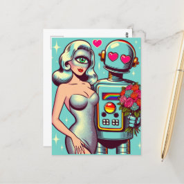 Postal Robot de arte pop y mujer extranjera enamorada
