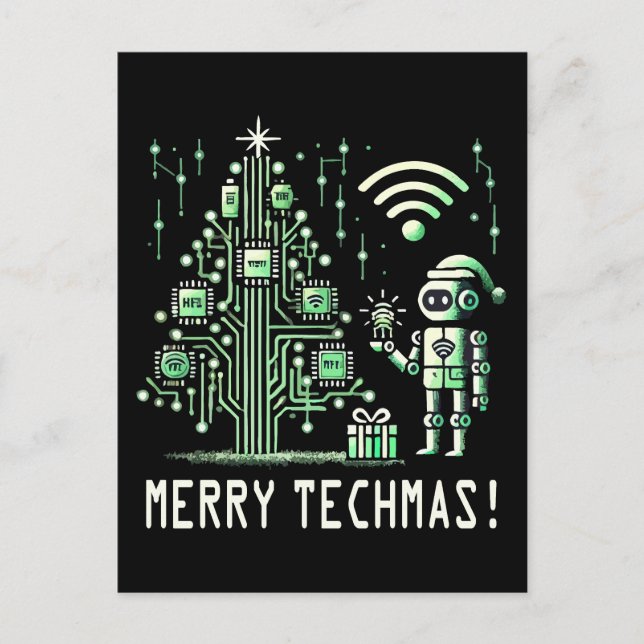 Postal Robot de IA con árbol de Navidad tecnológico – Fel (Anverso)
