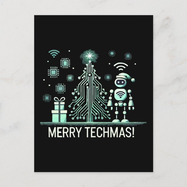 Postal Robot de IA con árbol de Navidad tecnológico – Fel (Anverso)