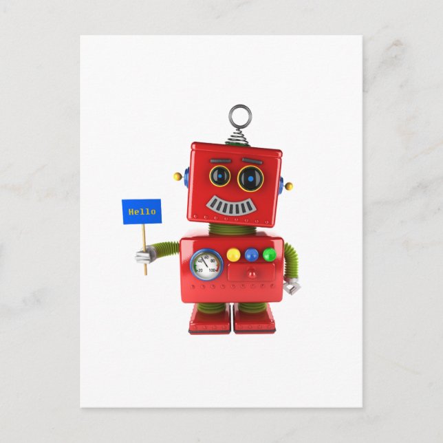 Postal Robot de juguete rojo con señal de saludo (Anverso)