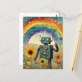 Postal Robot en un prado de flores con un arcoiris mordaz