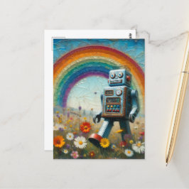 Postal Robot en una pradera de flores con un arcoiris