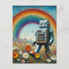 Postal Robot en una pradera de flores con un arcoiris