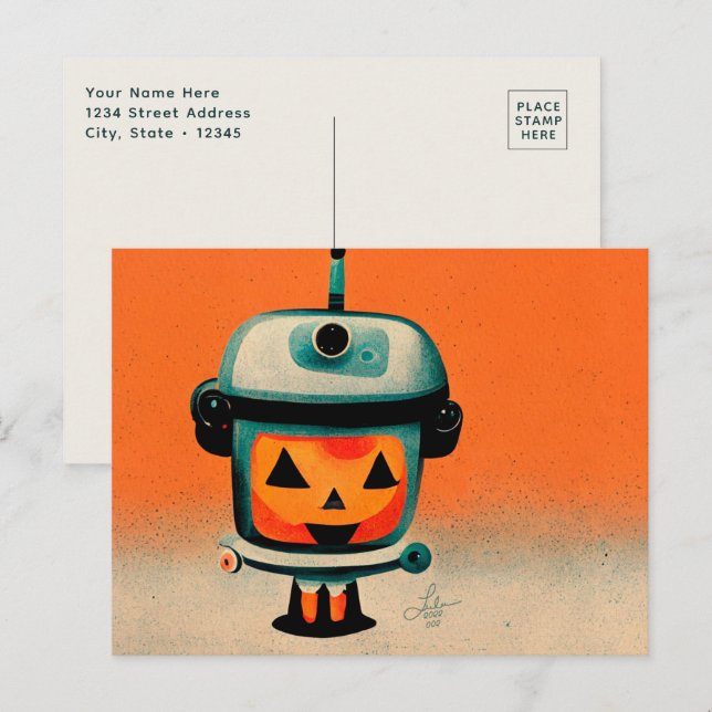 Postal Robot Retro Halloween 002 ・ Arte Infantil Cute Per (Anverso / Reverso)