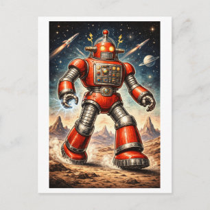 Postal Robot Rojo Espacial al Estilo Retro de los 50