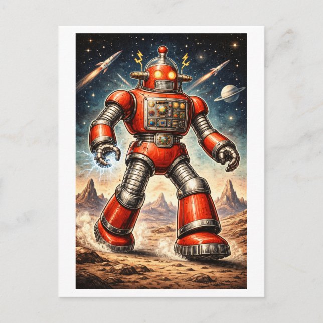 Postal Robot Rojo Espacial al Estilo Retro de los 50 (Anverso)