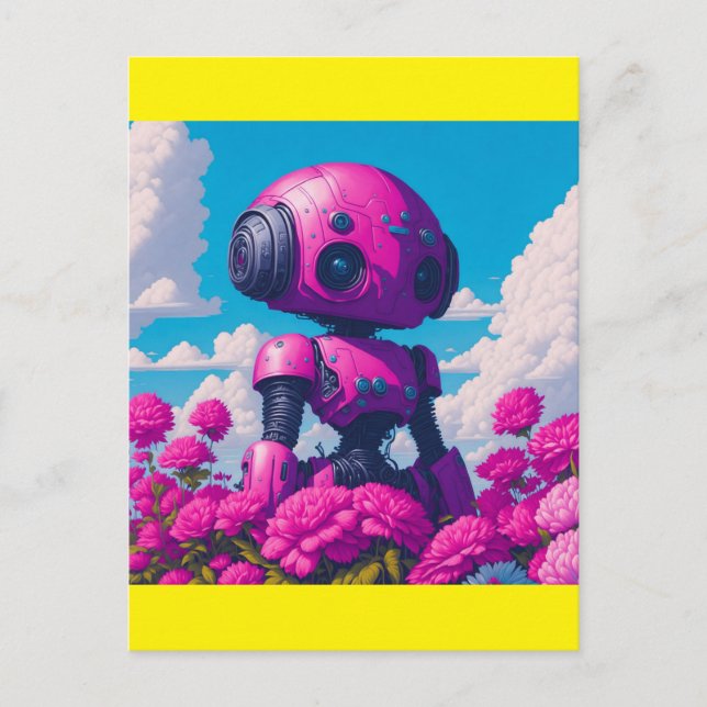 Postal robot rosa con flores rosas (Anverso)
