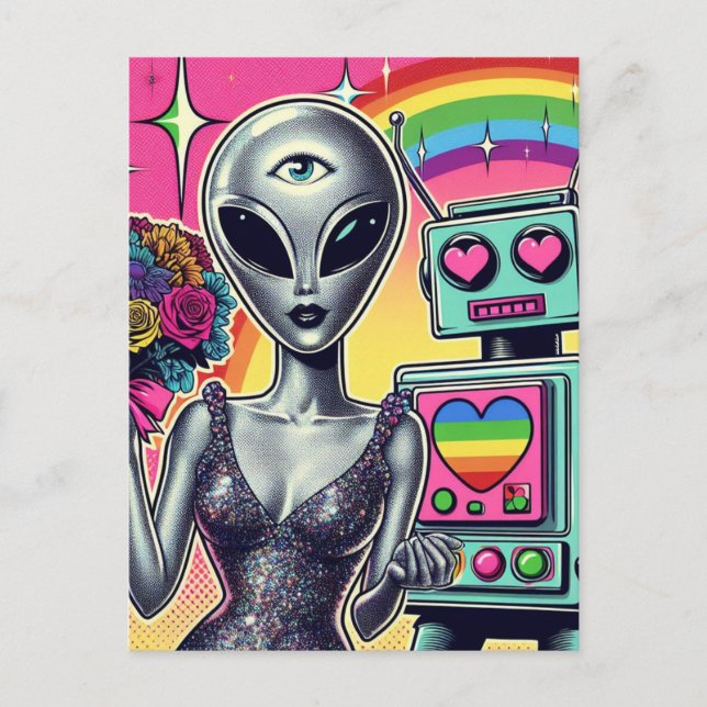 Postal Robot y Alien enamorados (Anverso)