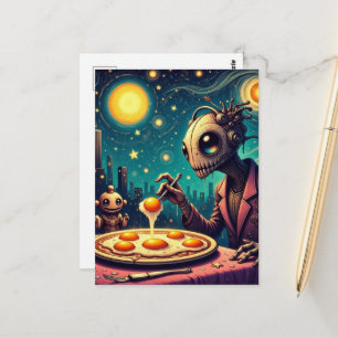 Postal Robots Divertidos y Funky Comiendo Huevos Fritos