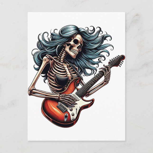 Postal Rocker Skeleton mujer tocando guitarra Arte oscuro (Anverso)