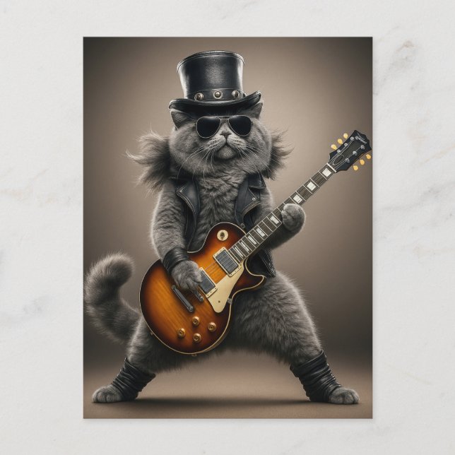 Postal Rockstar Cat Playing Electric Guitar in Leather    (Anverso)