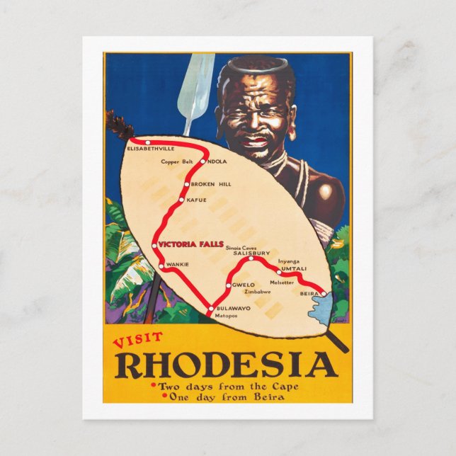 Postal Rodesia, guerrero tradicional con mapa en escudo (Anverso)