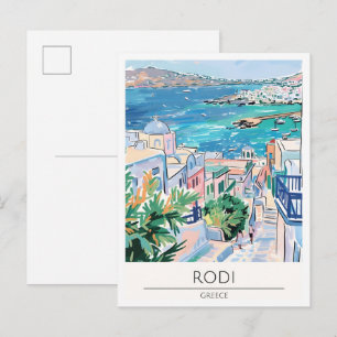 Postal Rodi Grecia Ilustración de Arte Vintage de Viajes