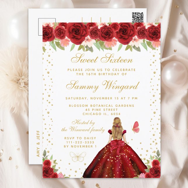 Postal Roja Cabello Rubio Floral Princesa Cumple Dulces D (Subido por el creador)