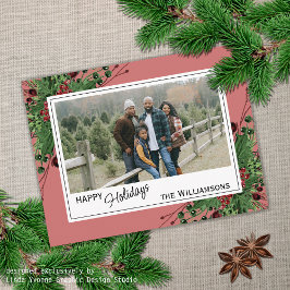 Postal Rojo Berries Verde Holly Foliage Botánico En Rosa