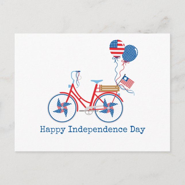 Postal Rojo Blanco y Azul Bicicleta Caprichosa 4 de Julio (Anverso)