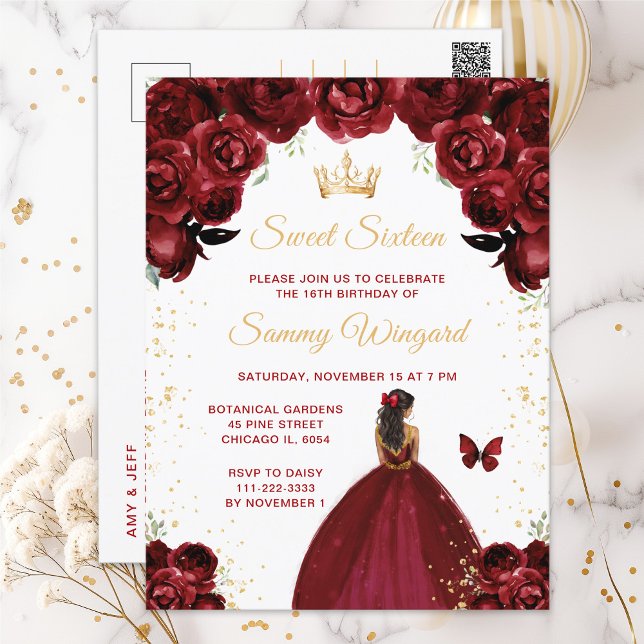 Postal Rojo Burdeos Princesa De Piel Oscura Cumple Dulces (Subido por el creador)