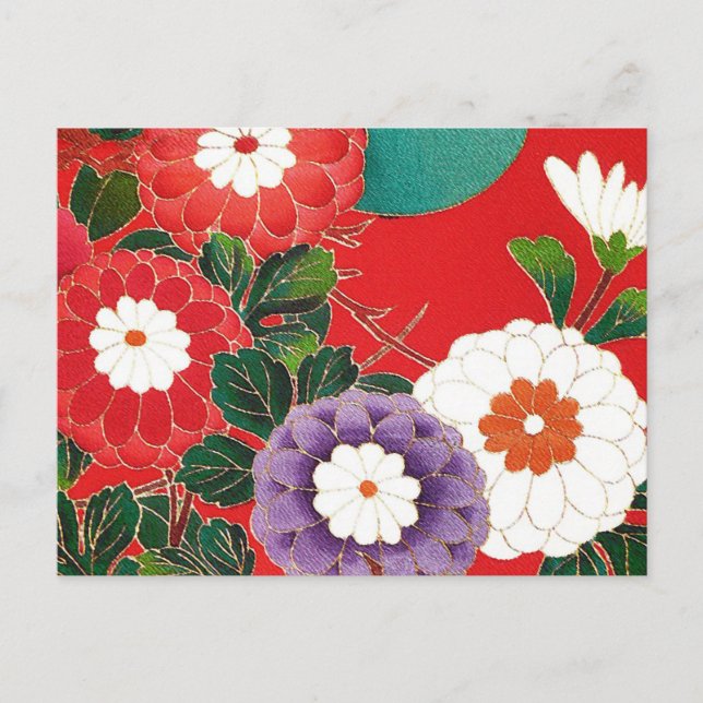 Postal Rojo Profundo de la Brocade Japonesa Antigua (Anverso)