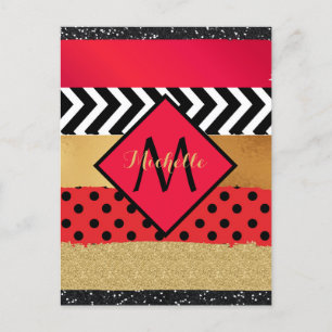 Postal Rojo Purpurina de oro negro broche de broca monogr
