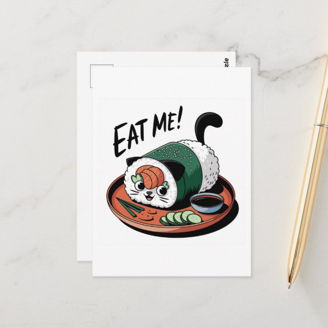 Postal Rollo de sushi en forma de gato gracioso de Kawaii (Anverso/Reverso In Situ)
