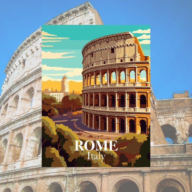 Postal Roma Colosseum Ilustracion de viajes de Italia (Rome Italy)