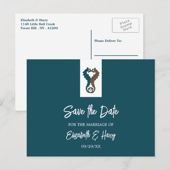 Postal Romance de caballito de mar, Boda de playa salva l (Anverso / Reverso)