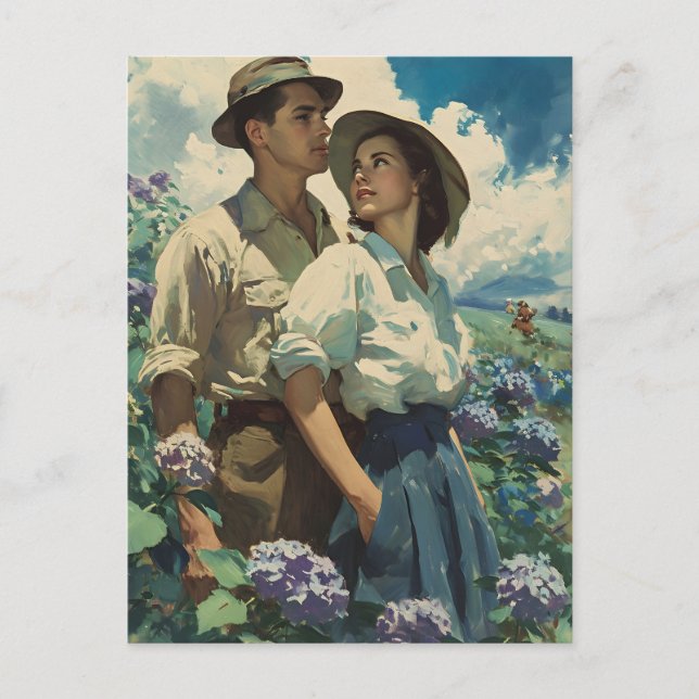 Postal Romance floreciente en los campos de Hydrangea (Anverso)