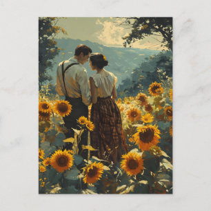 Postal Romance vintage en campos de girasoles