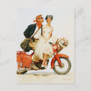 Postal Romance Vintage en un Scooter Rojo