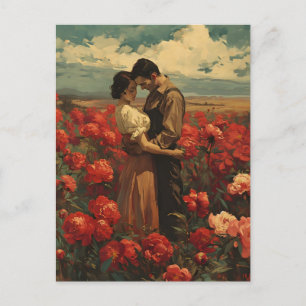 Postal Romance vintage: Pareja en campo de peones rojos