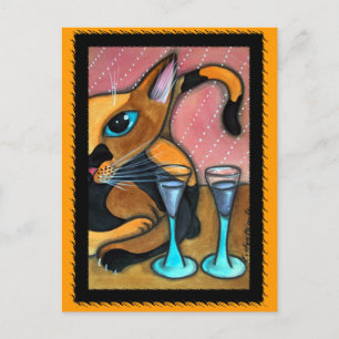 Postal Romaneando gafas de gato y vino