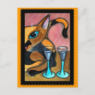 Postal Romaneando gafas de gato y vino