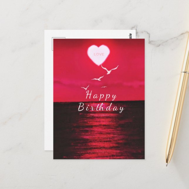Postal Romantic Birday Card Sea Sunset Love (Anverso/Reverso In Situ)