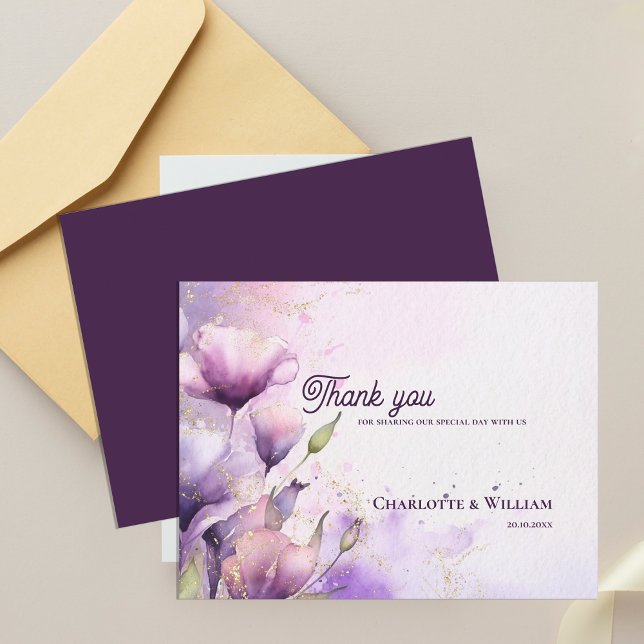 Postal Romantic Lavender Floral Gold Wedding Thank You (Romantic Lavender Floral Gold Wedding Thank You Postcard)