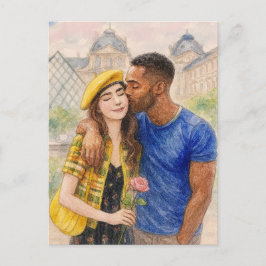 Postal Romantic Love Paris Man Woman Watercolor Postcard