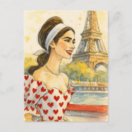 Postal Romantic Love Paris Man Woman Watercolor Postcard