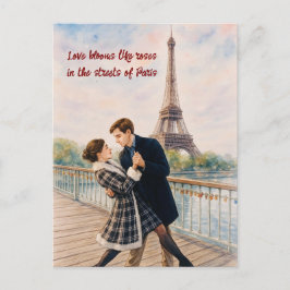 Postal Romantic Love Paris Man Woman Watercolor Postcard