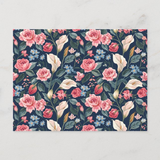 Postal Romantic Navy Blue Floral Garden Pattern (Anverso)