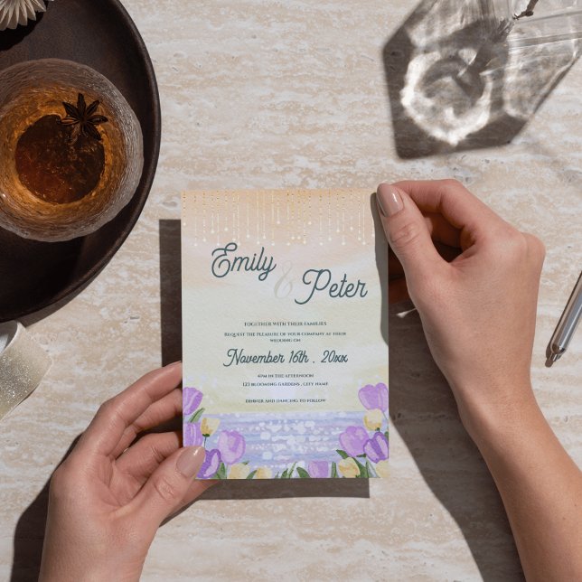Postal Romantic Purple Floral Beach Sunset Wedding Invite (Romantic Purple Floral Beach Sunset Wedding Invite)