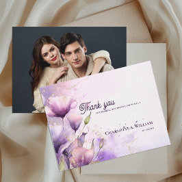 Postal Romantic Purple Floral Photo Wedding Thank You