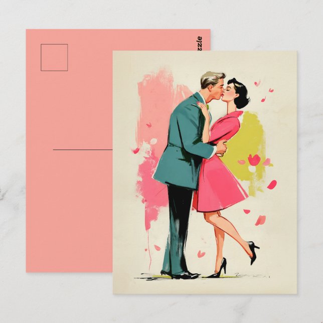 Postal Romantic Retro Couple Kiss (Anverso / Reverso)