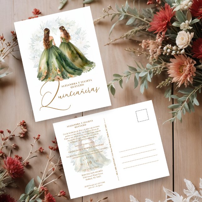 Postal Romantic Spanish Quinceañeras Twins in Green Brown (omantic Spanish Quinceañeras Twins in Green and Brown Shades Postcards Invitations Cards.)