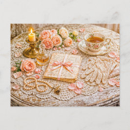 Postal Romantic Vintage Still Life with Tea, Roses and Le