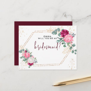 Postal Romántica burdeos rojo Rubor Pink Floral Bridesmai