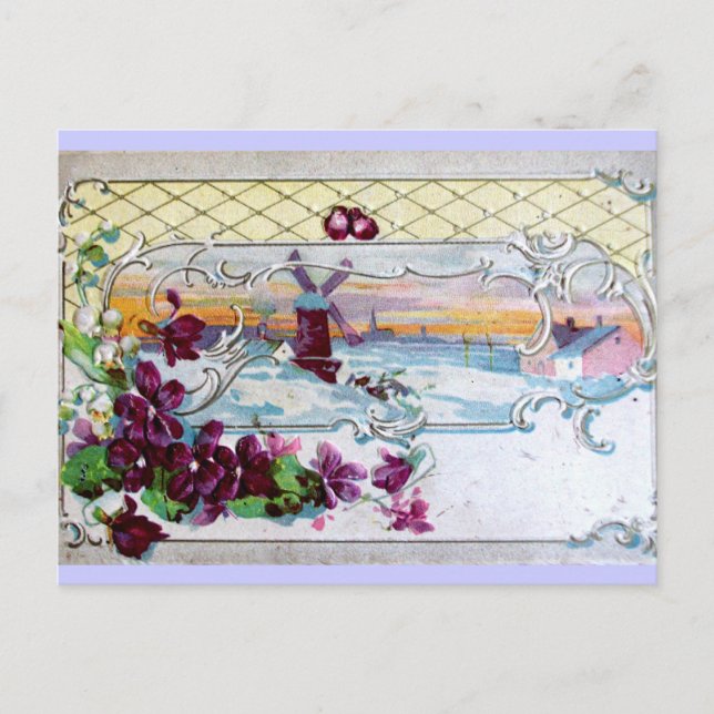 POSTAL ROMÁNTICA /WINDMILL EN LA NIEVE, PANSIAS, ROPA DE  (Anverso)