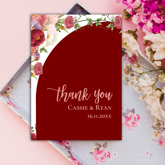 Postal Romántico Boda de Arco Floral Rojo de Peach (Romantic Peach Red Floral Arch Wedding Thank you Postcard)