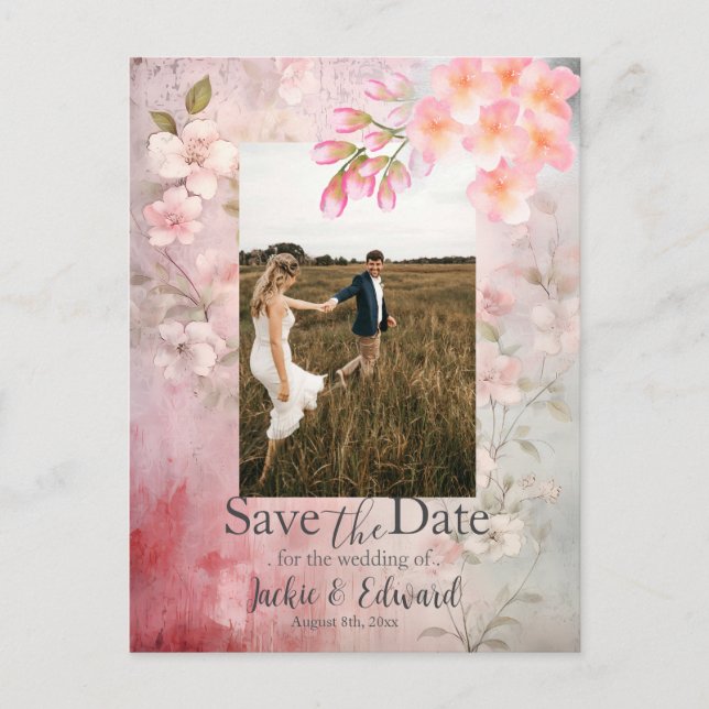 Postal Romántico floral rosa salva la foto de la fecha (Anverso)